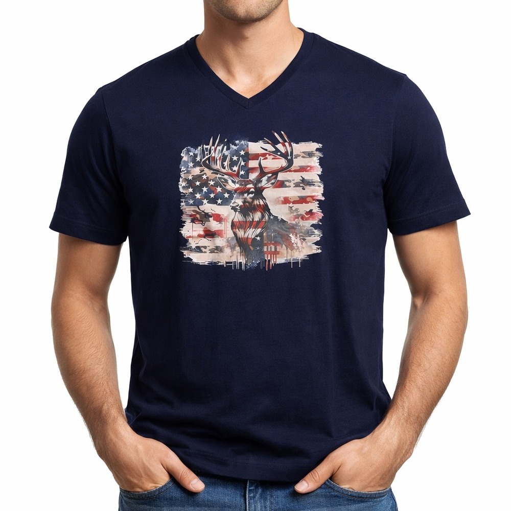Men's V Neck T‎ Shirt Deer American Flag Graphic Print Navy Blue Size Medium